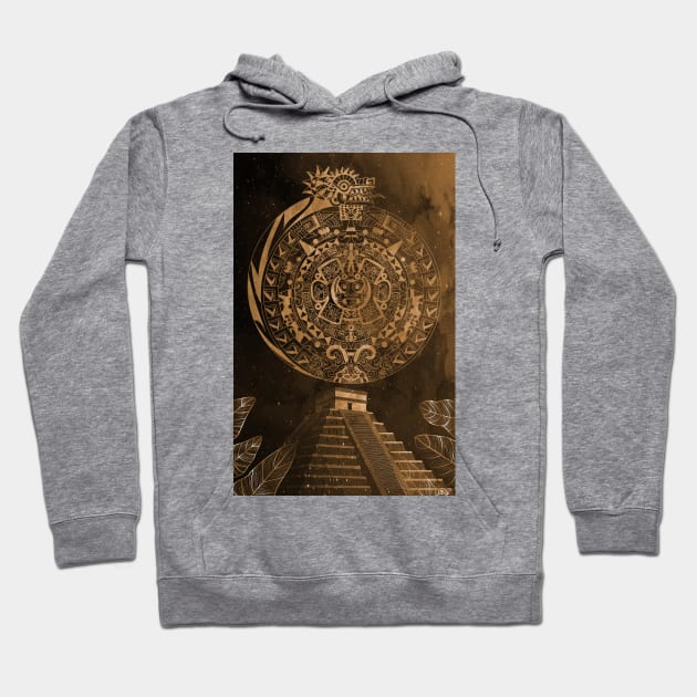 the aztec calendar in dragon quetzalcoatl night in brown Hoodie by jorge_lebeau